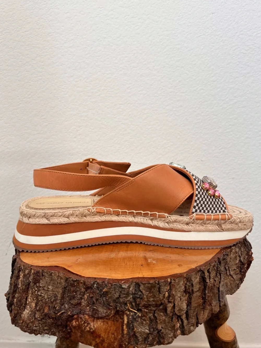 Tory Burch Brown Daisy Crystal Sandals 9.5 M in Desert Camel Open Toe Espadrille - Picture 6 of 9